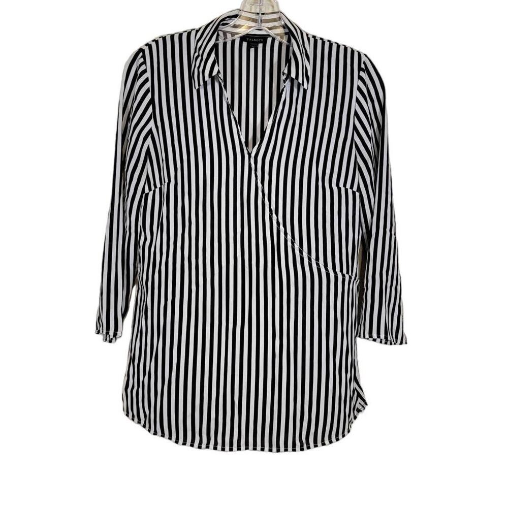 Talbots Women's Striped Faux-Wrap Top Collared 3/4 Sleeves Black White Size XS